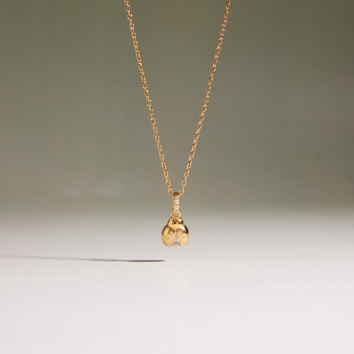 18K Gold Enchanted Garden Pave Dragonfly Ladybug Flower Dainty Pendant Necklace