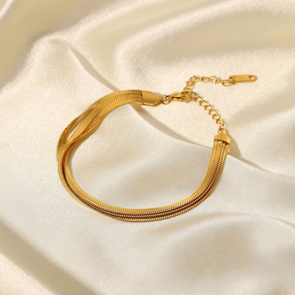 18K Gold Herringbone Snake Triple Chain Bracelet Stack
