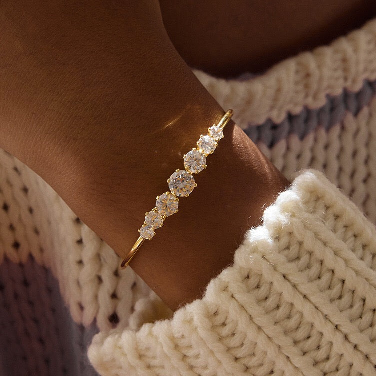 18K Gold Diamond Fever Paperclip Chain Cuff Bangle Tennis Bracelet Stack