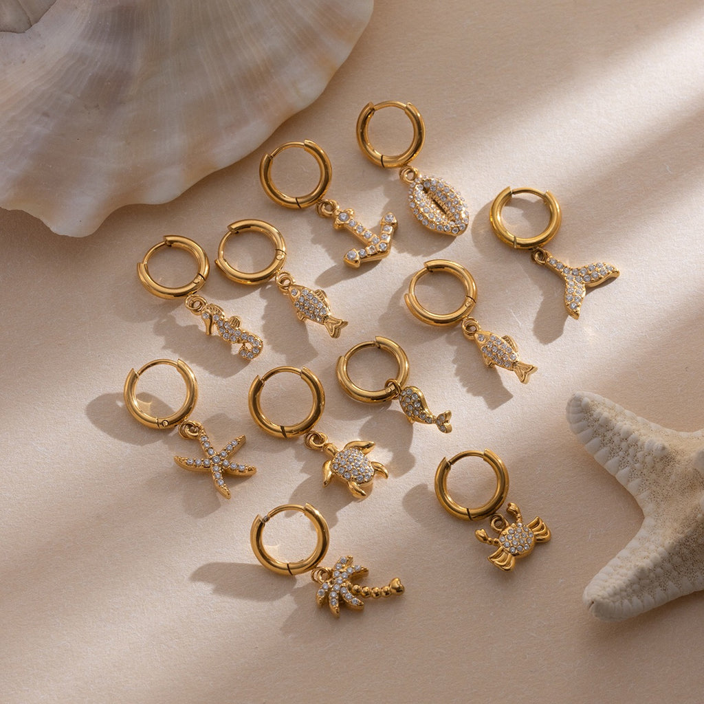 18K Gold Ocean Sparkle Seashell Palm Tree Small Hoop Huggie Earrings with Charm