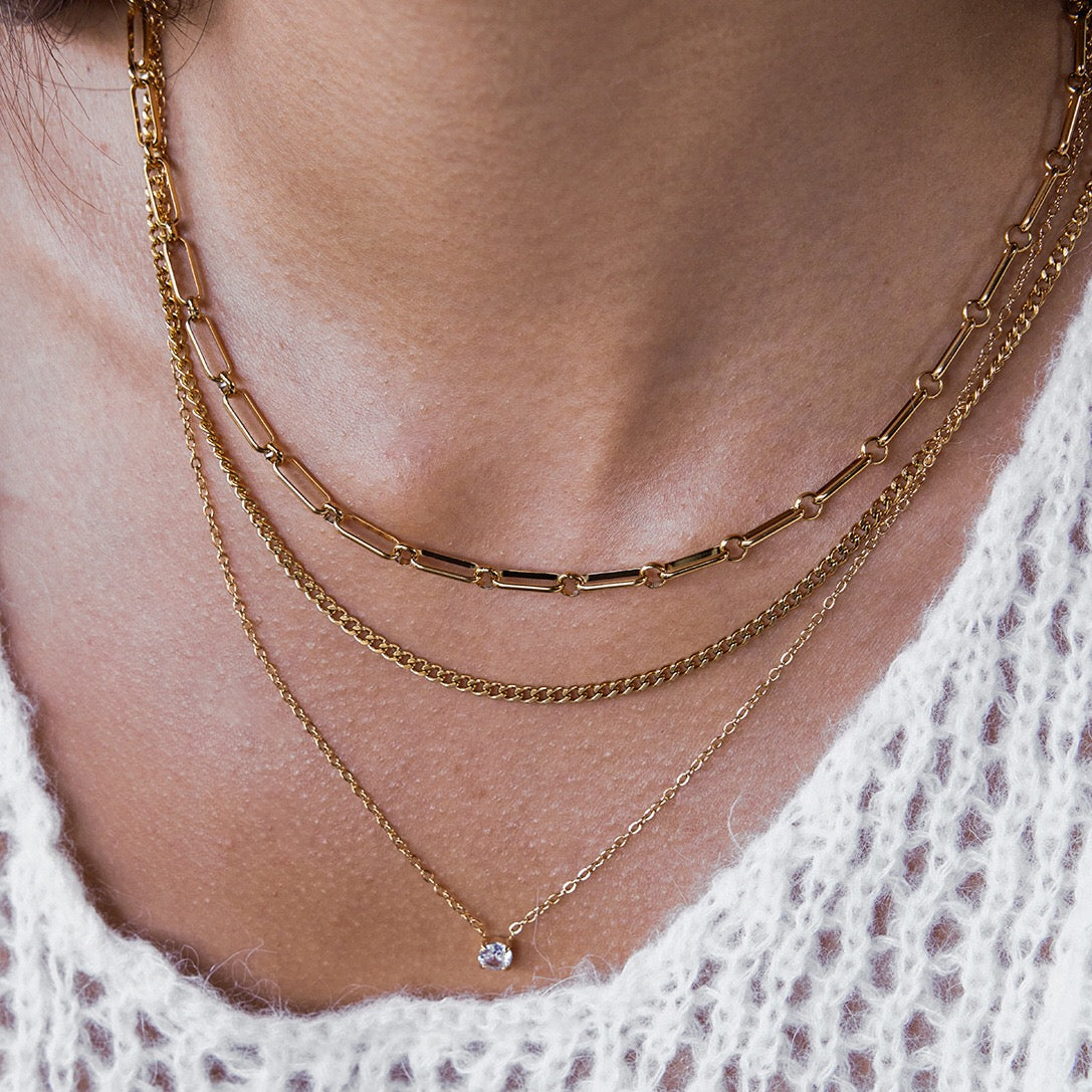 18K Gold Day Dream Dainty Pendant Paperclip Chain Layered Necklace Set