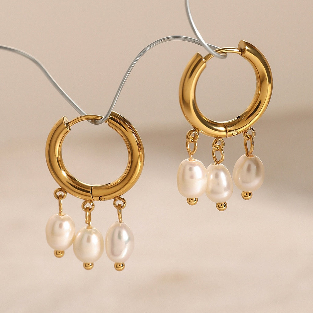 18K Gold Dangle Pearl Huggie Earrings