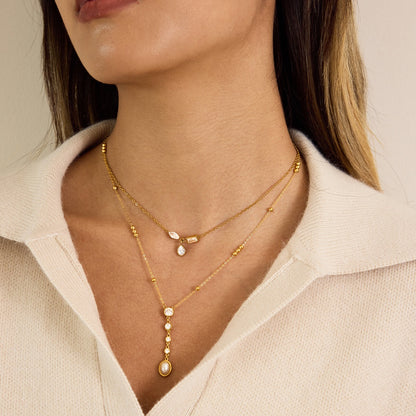 18K Gold Sweet Lumi Pearl Y Shape Lariat Dainty CZ Necklace