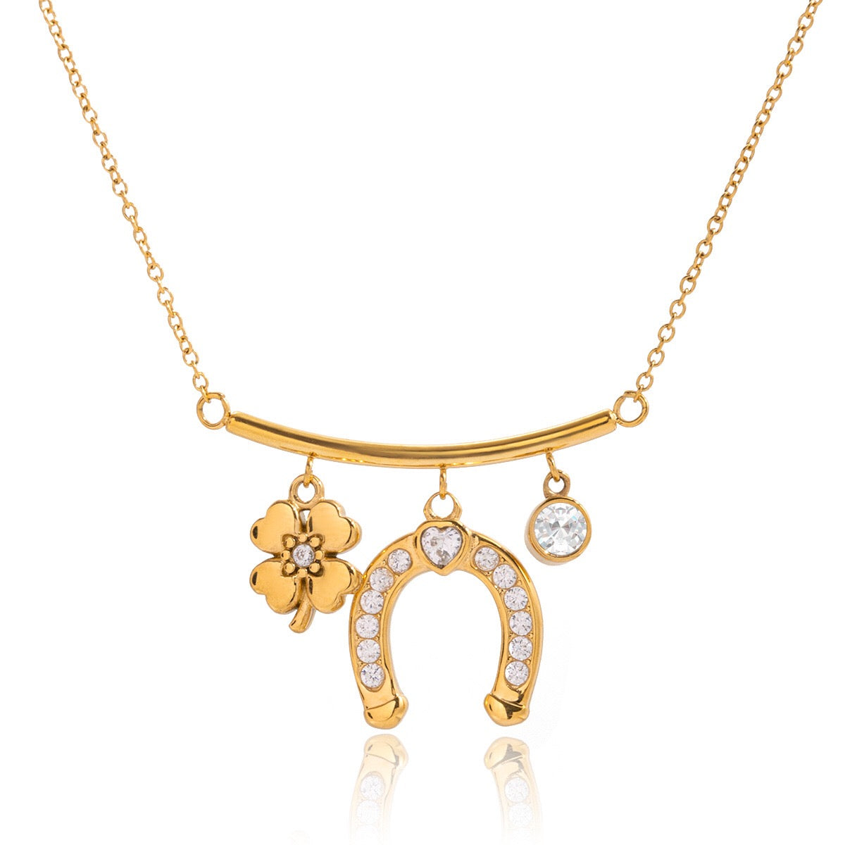 18K Gold Horseshoe Clover Lucky Charm Herringbone Double Chain Layered Necklace Set