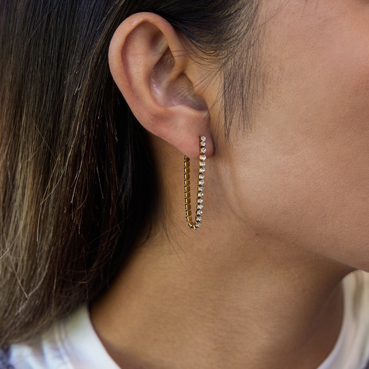 18K Gold Glimmer Dainty Tennis Chain Dangle Drop Earrings