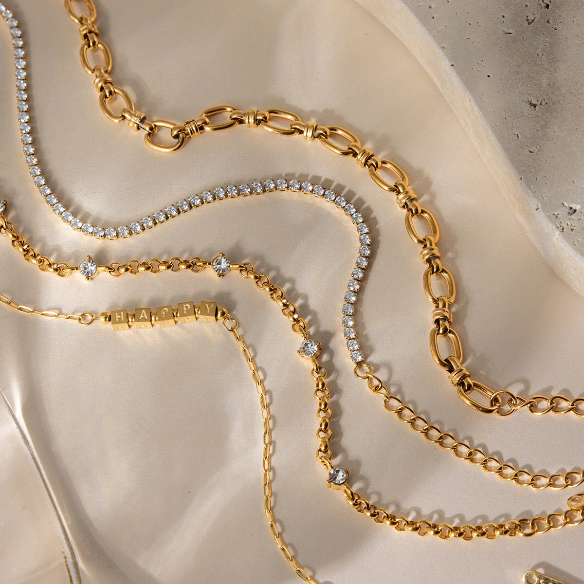 18K Gold HAPPY Letter Dainty Chain Bracelet