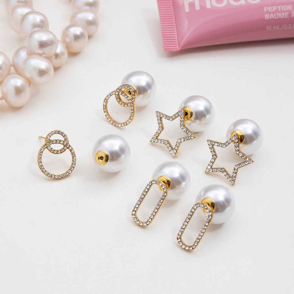 18K Gold Born Star Stud Earrings Pearl Ear Cuffs Set