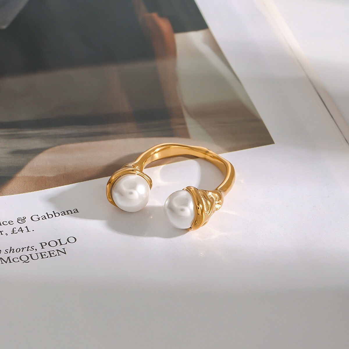 18K Gold Graceful Command Pearl Statement Cuff Ring