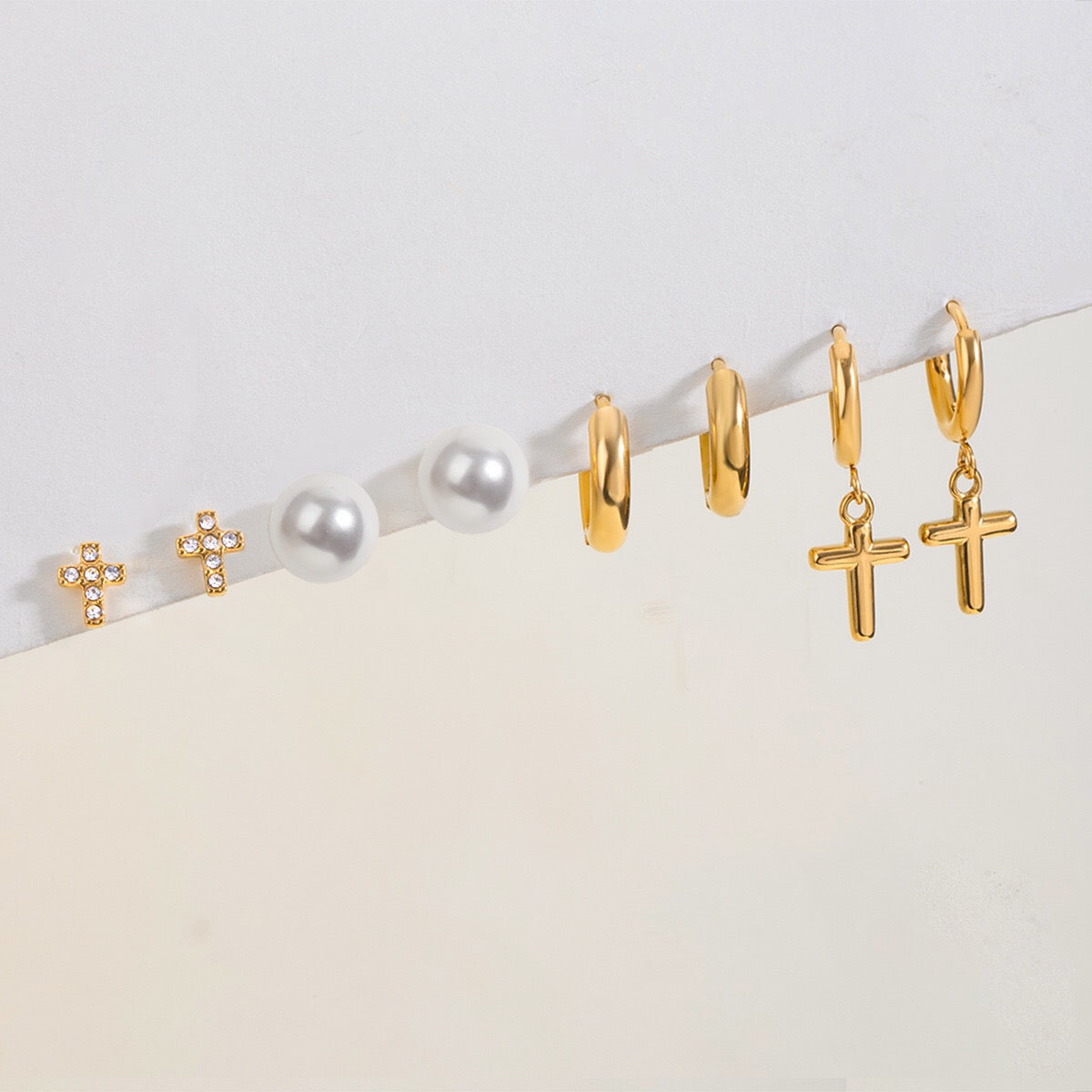 18K Gold Cross Small Hoop Huggie Earrings Set