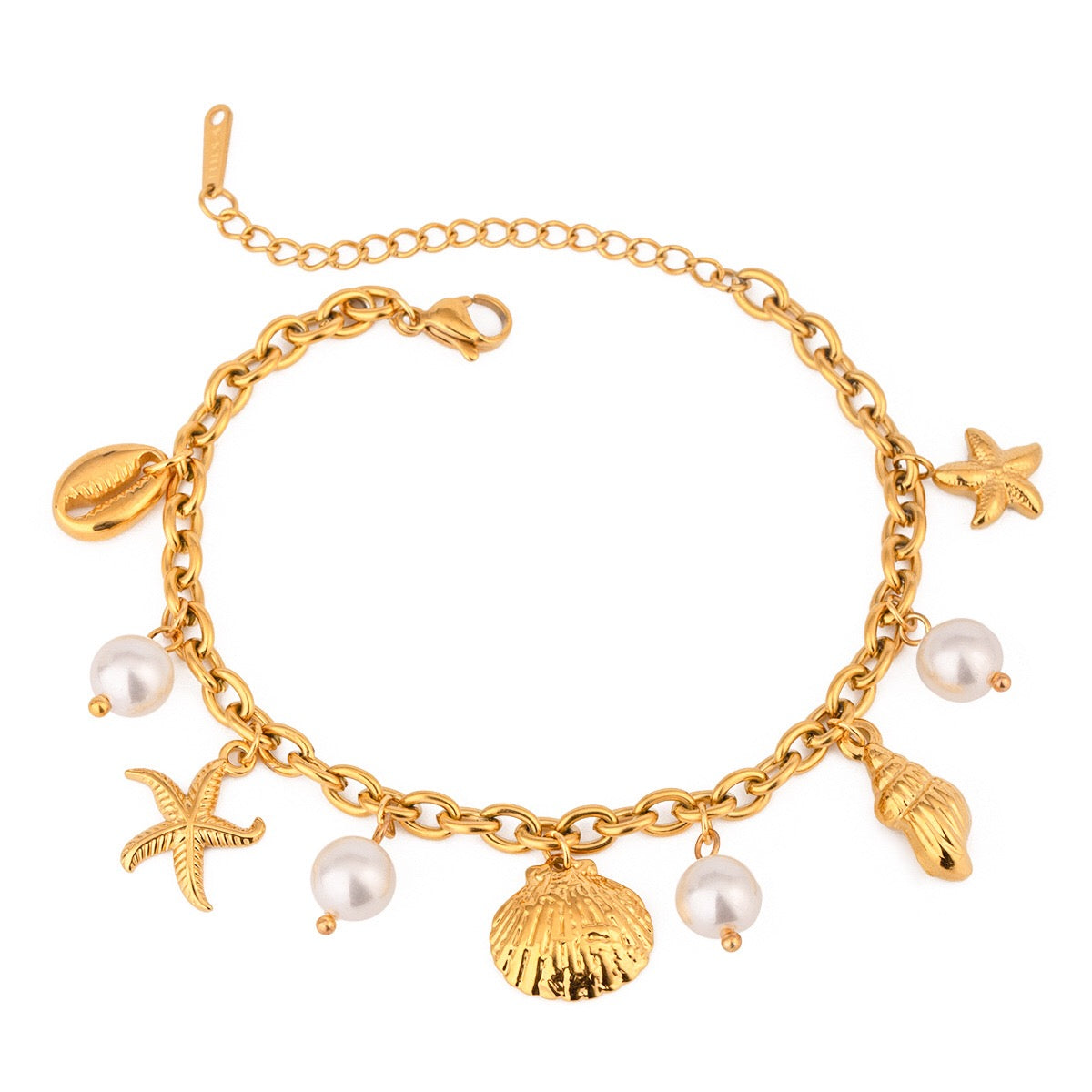 18K Gold Ocean Tale Shell Starfish Pearl Bracelet
