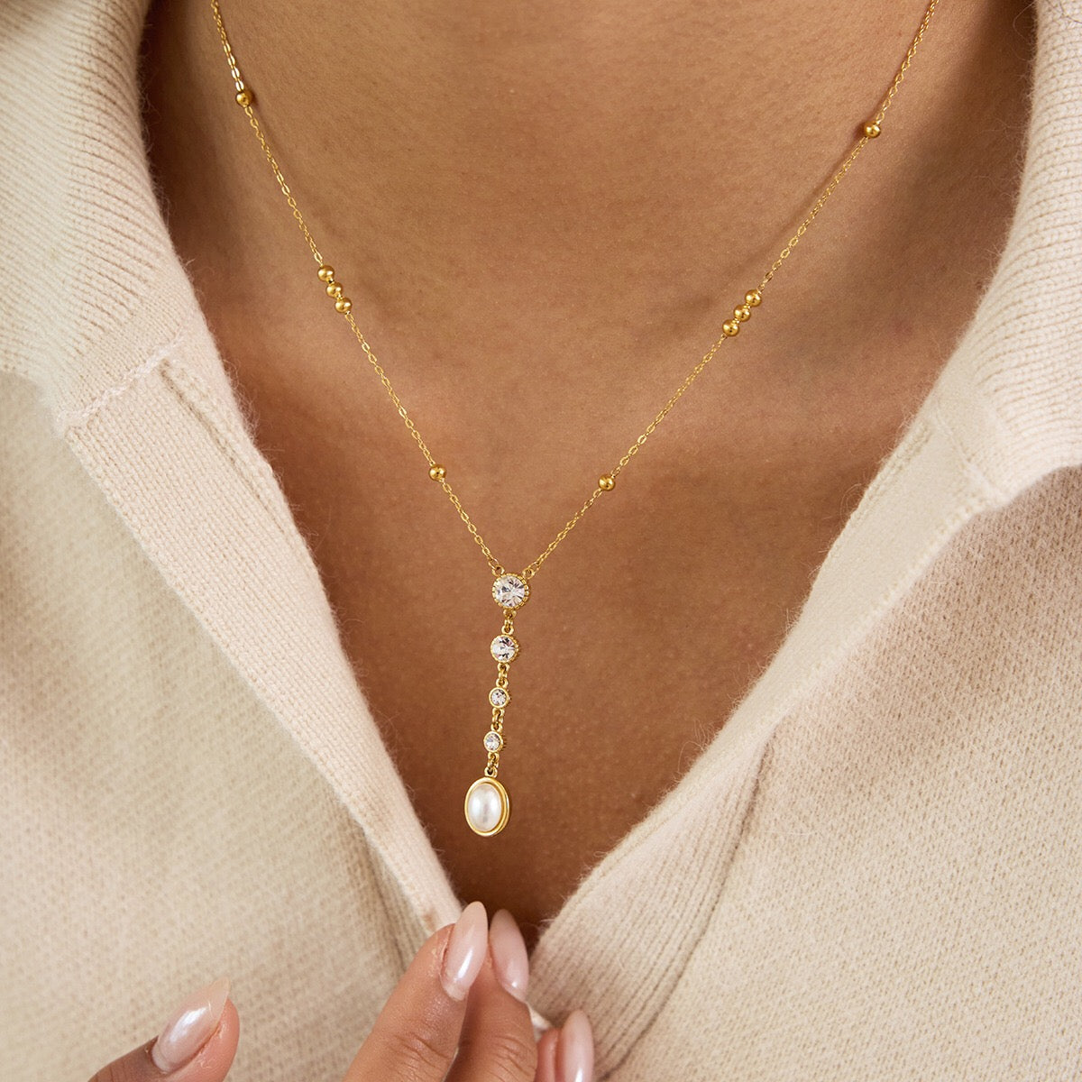 18K Gold Sweet Lumi Pearl Y Shape Lariat Dainty CZ Necklace