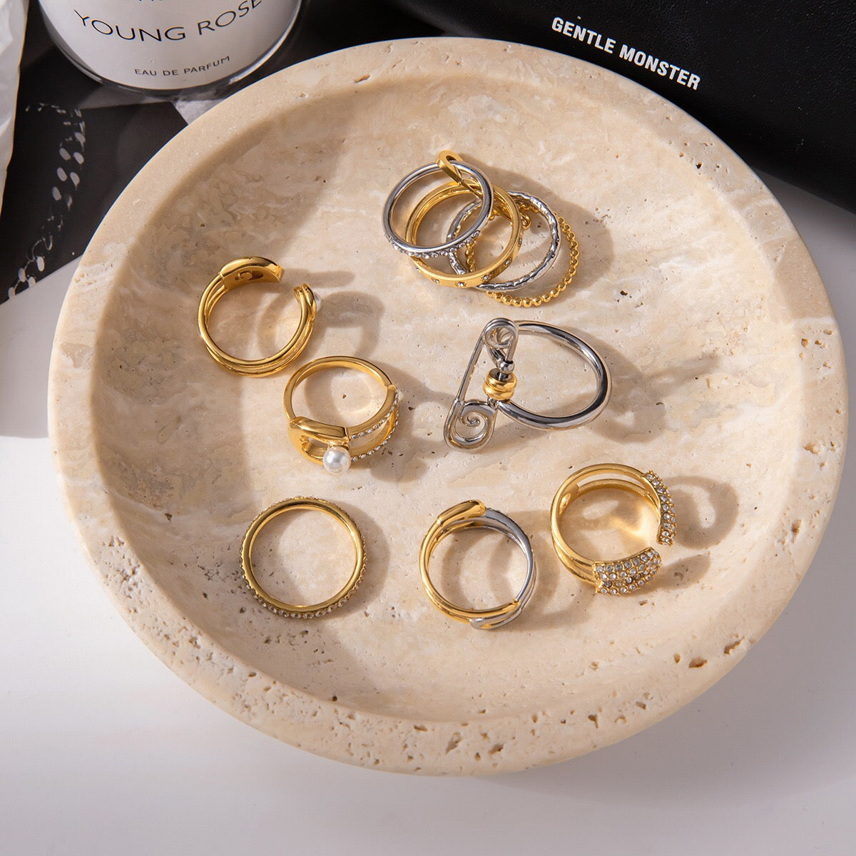 18K Gold Runway Chic Safety Pin CZ Pearl Statement Rings