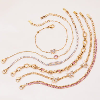 18K Gold Luxury Pink Butterfly Dainty Tennis Chain Bracelet Stack