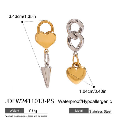 18K Gold and Silver Two Tone Love Lock Statement Stud Dangle Earrings