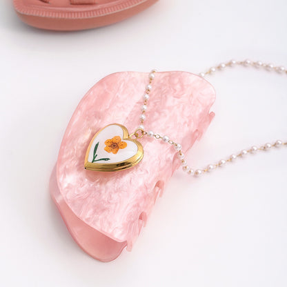 18K Gold Flower Heart Locket Pendant Pearl Chain Necklace