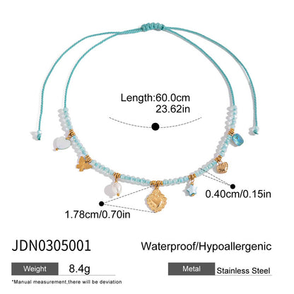 18K Gold Seaside Fantasy Blue Beads Heart Charm Circle Chain Layered Necklace Set