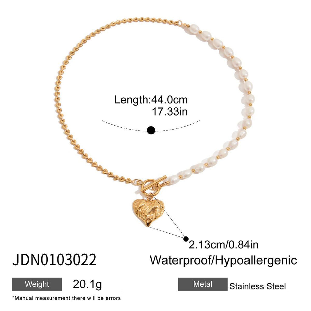 18K Gold Chunky Pearl Beaded Heart Pendant Circle Chain Layered Necklace Set