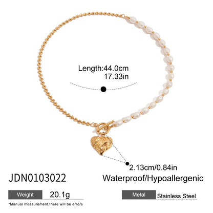 18K Gold Chunky Pearl Beaded Heart Pendant Circle Chain Layered Necklace Set