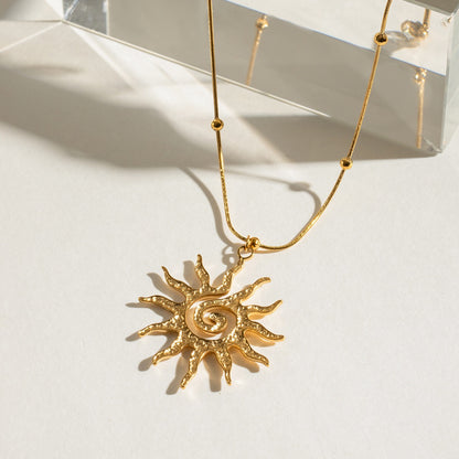 18K Gold Solar Flame Sun Pendant Statement Necklace
