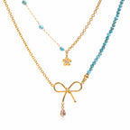 18K Gold Turquoise Beads Bow Pendant Double Chain Layered Necklace Set
