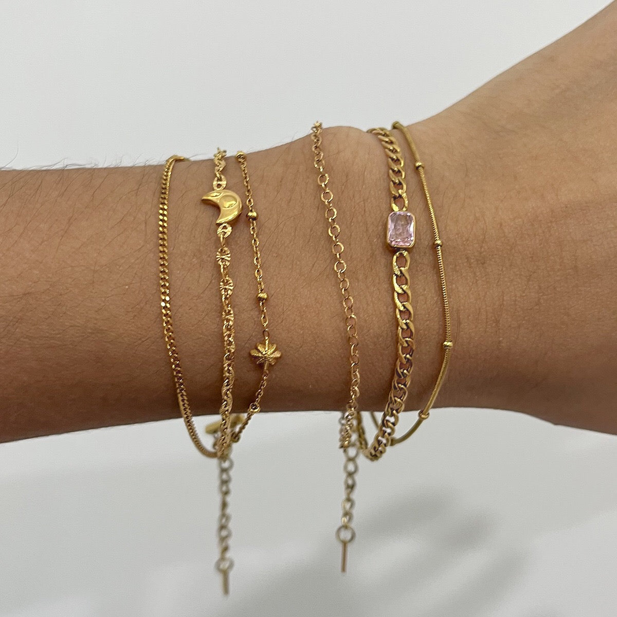 18K Gold Petite Joys Moon and Star Pink Jewel Dainty Three Chain Bracelet