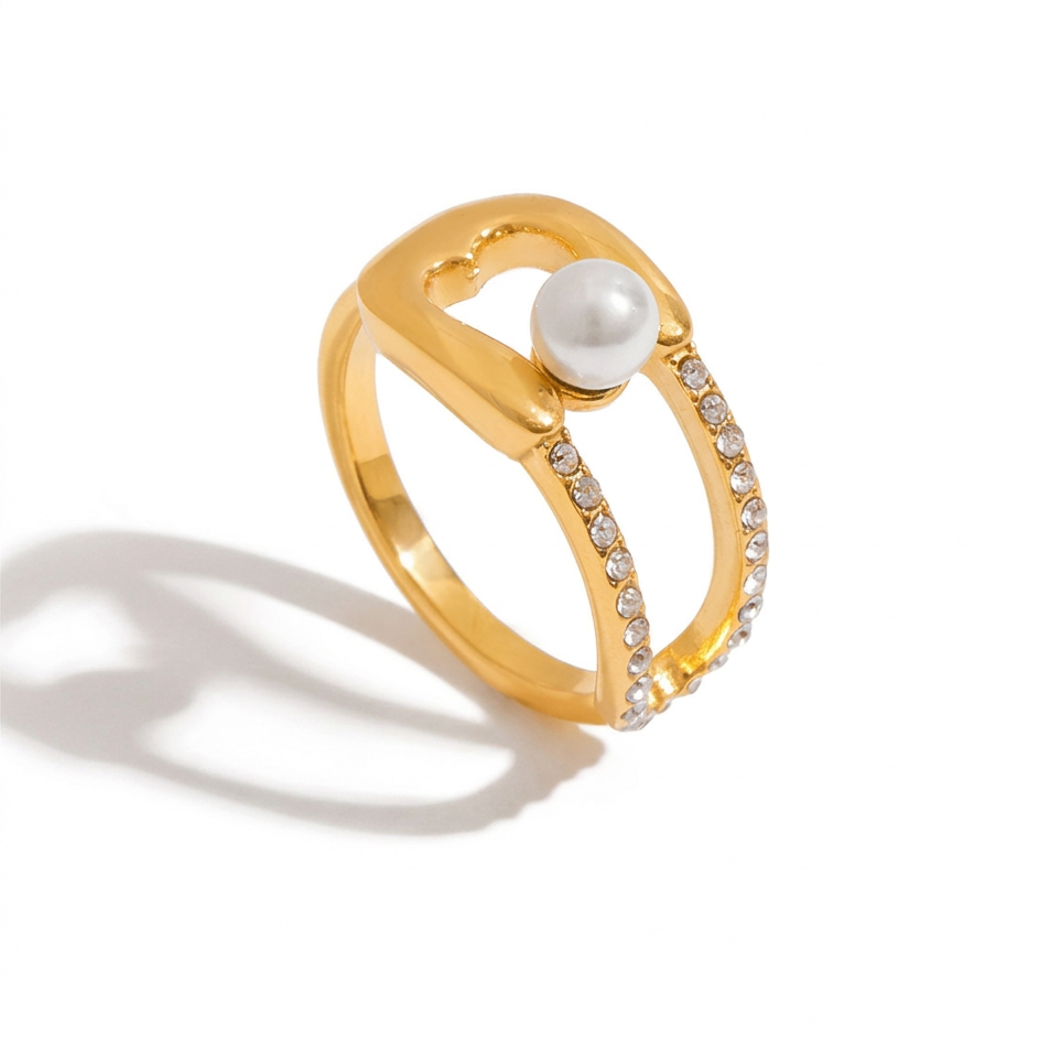 18K Gold Runway Chic Safety Pin CZ Pearl Statement Rings