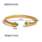 18K Gold Natural Stone Twisted Ribbed Cuff Bangle Bracelet