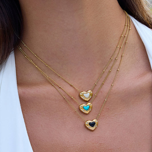 18K Gold Natural Stone Stars Adorned Dainty Heart Pendant Necklace