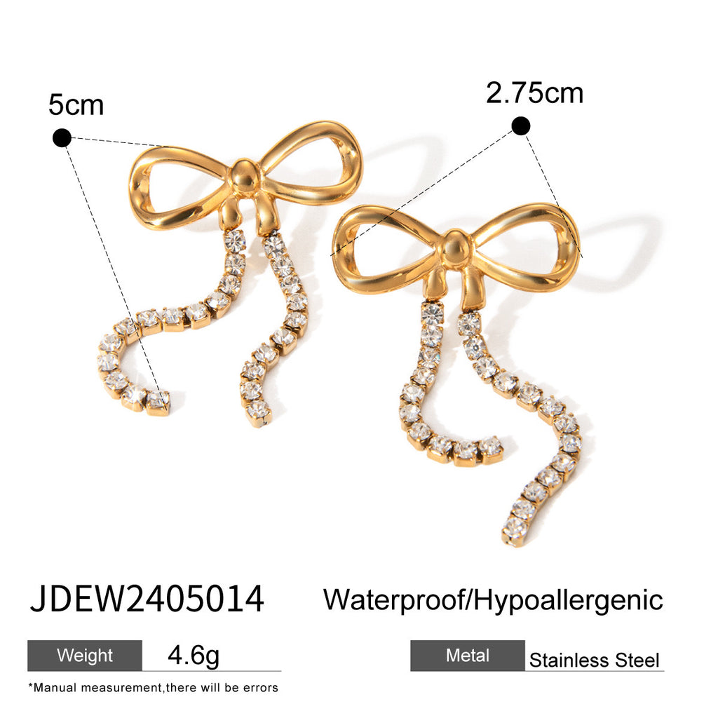 18K Gold Bling Bow Dangle Drop Earrings