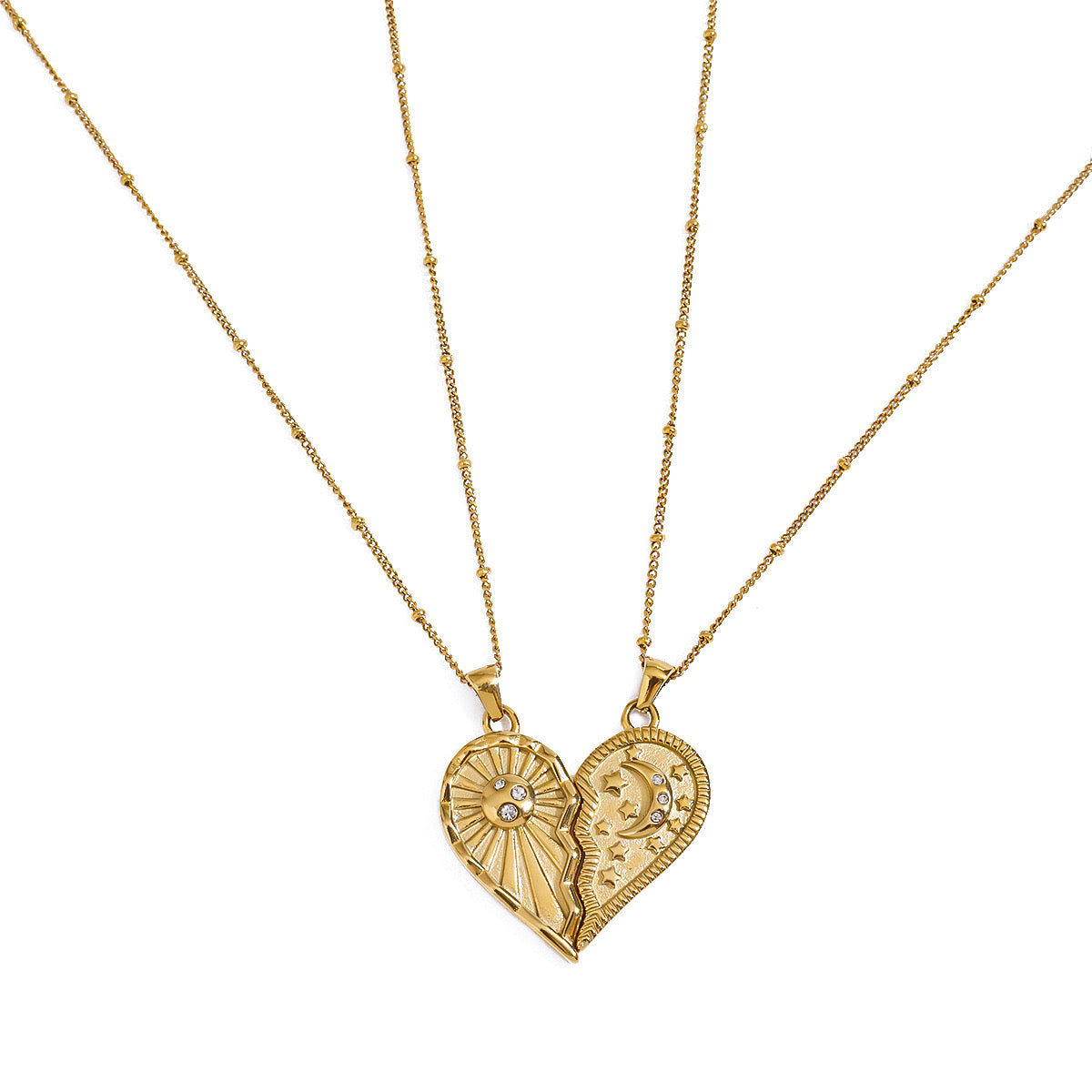 18K Gold Moon And Sun Heart Couple Necklace