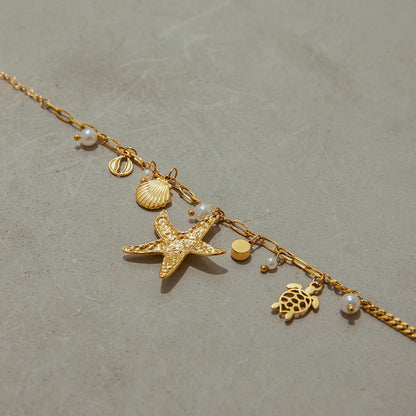 18K Gold Starfish Beach Pearl Beads Charm Necklace