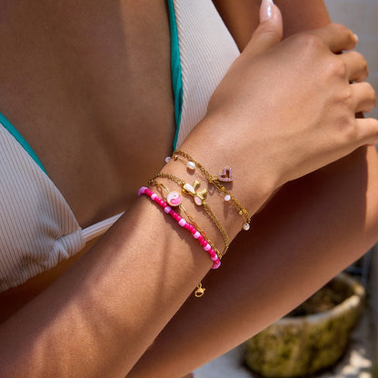 18K Gold Hot Pink Beaded Flower Bow Heart Chain Bracelet Stack
