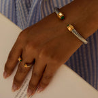 18K Gold Natural Stone Twisted Ribbed Cuff Bangle Bracelet