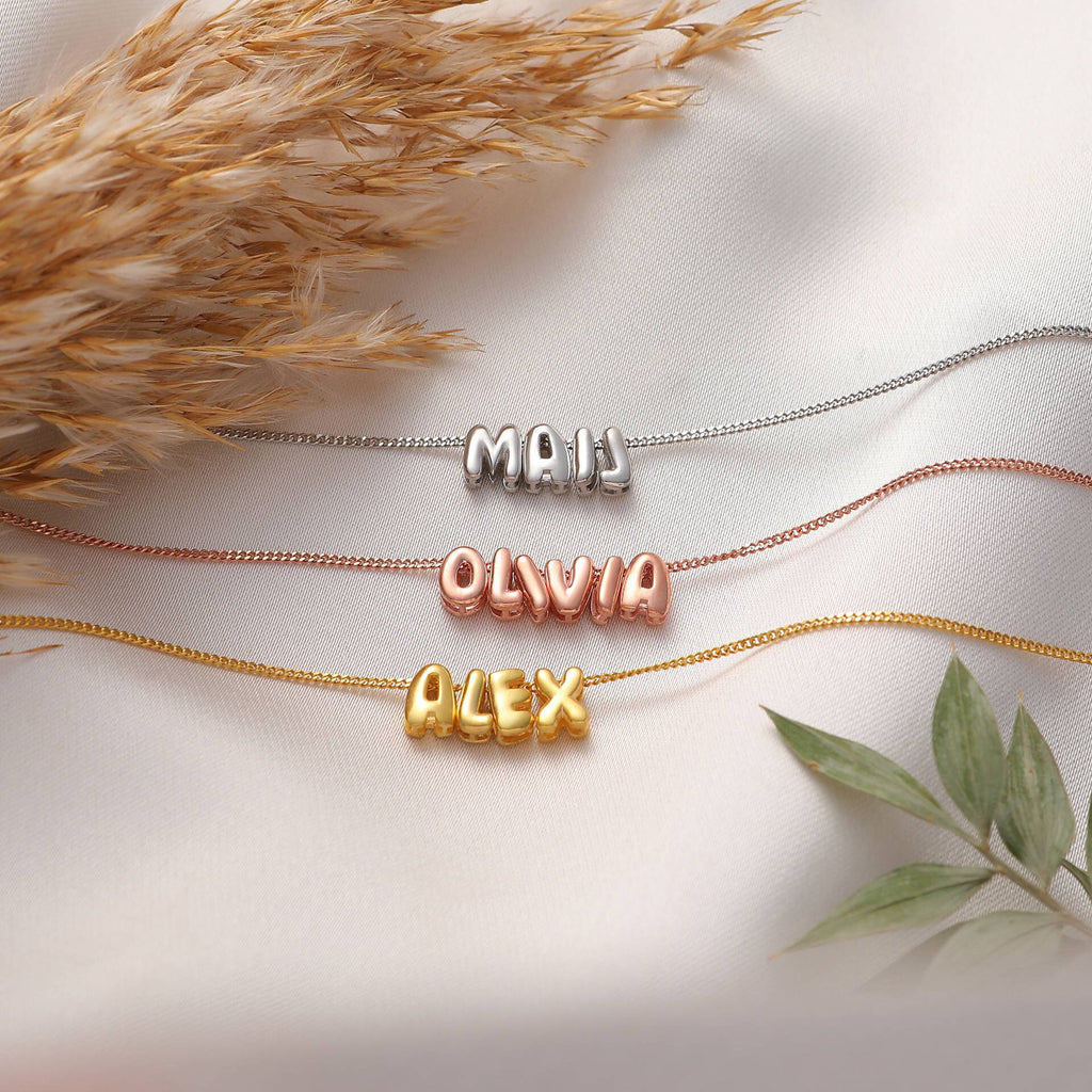 18K Gold and Silver Icon Bubble Letter Initial Custom Name Necklace