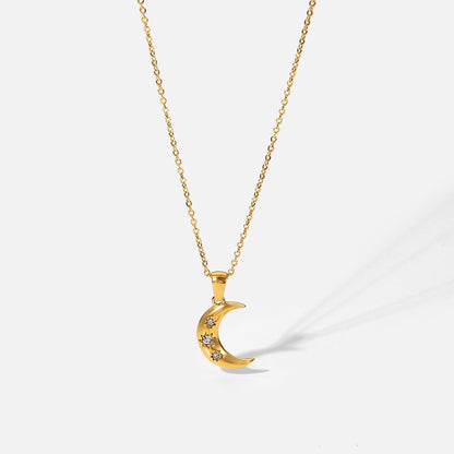 18K Gold Star Adorned Crescent Moon Pendant Necklace