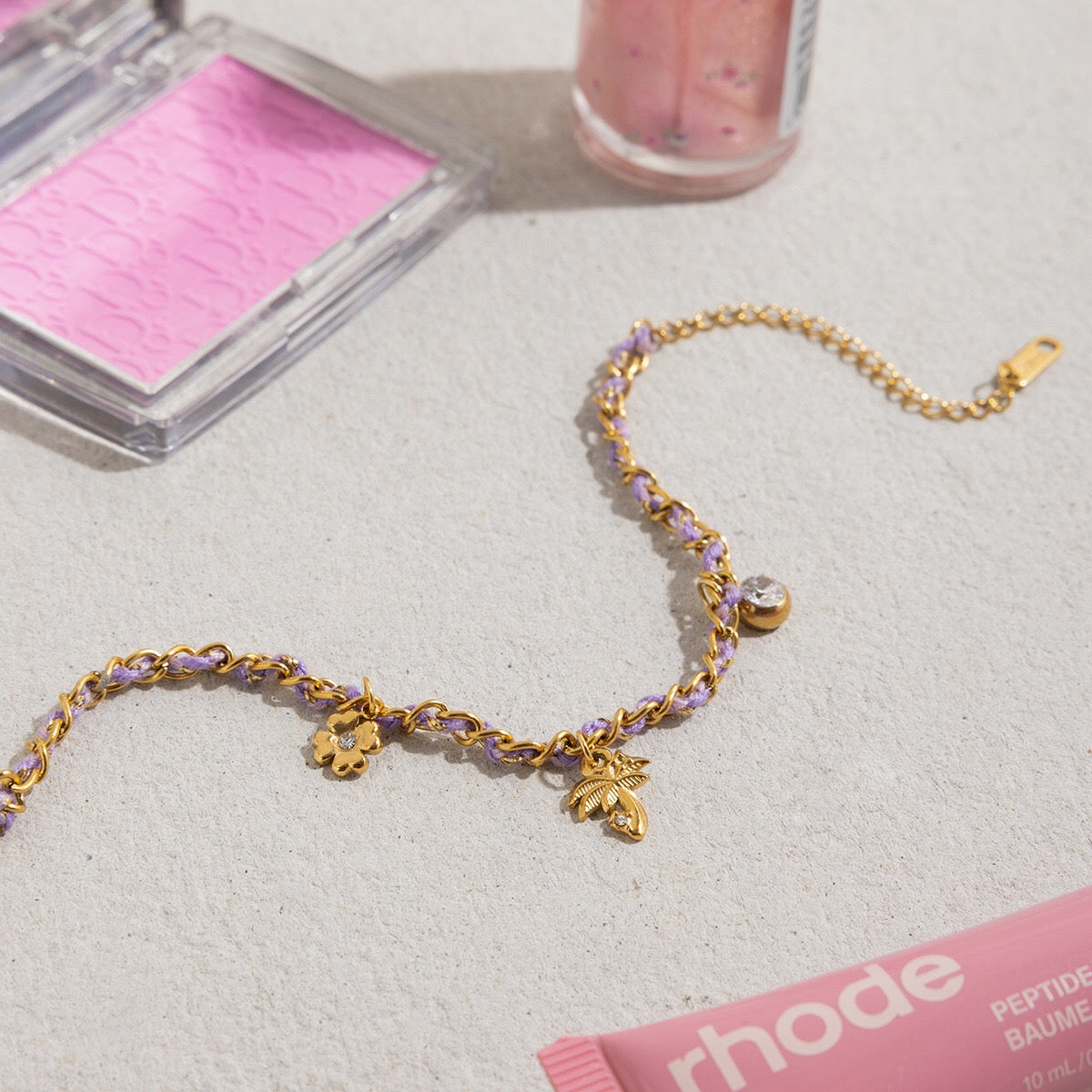 18K Gold Palm Tree Charm Purple Chain Wristband Bracelet Stack