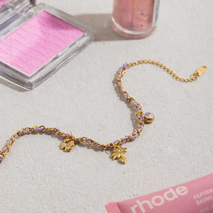 18K Gold Palm Tree Charm Purple Chain Wristband Bracelet Stack