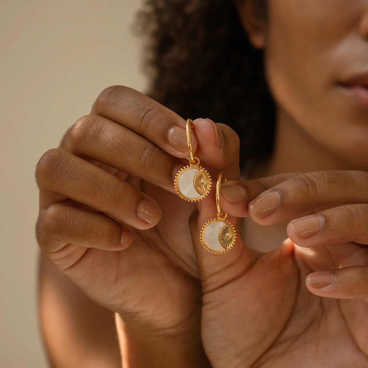 18K Gold Sun Coin Small Hoop Huggie Earrings