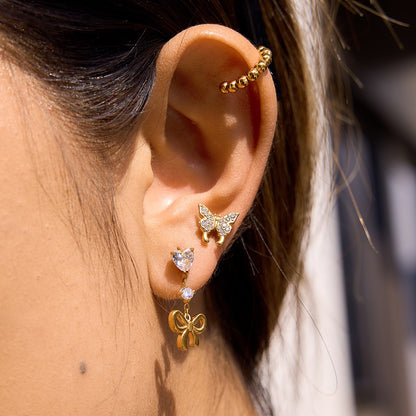 18K Gold Mini Icons Pave Heart Butterfly Cartilage Earrings Ear Studs