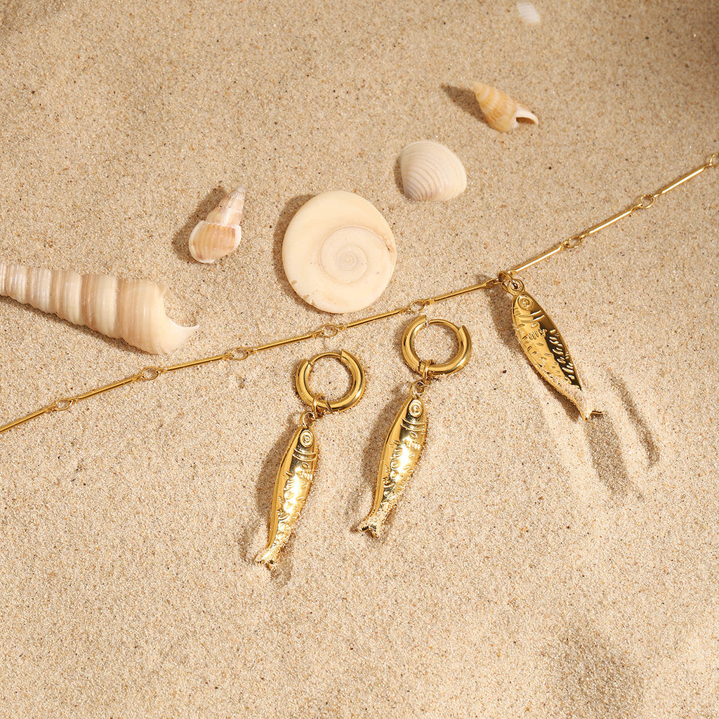 18K Gold Ocean Themed Fish Small Hoop Huggie Earrings with Charm