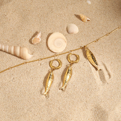 18K Gold Ocean Themed Fish Small Hoop Huggie Earrings with Charm