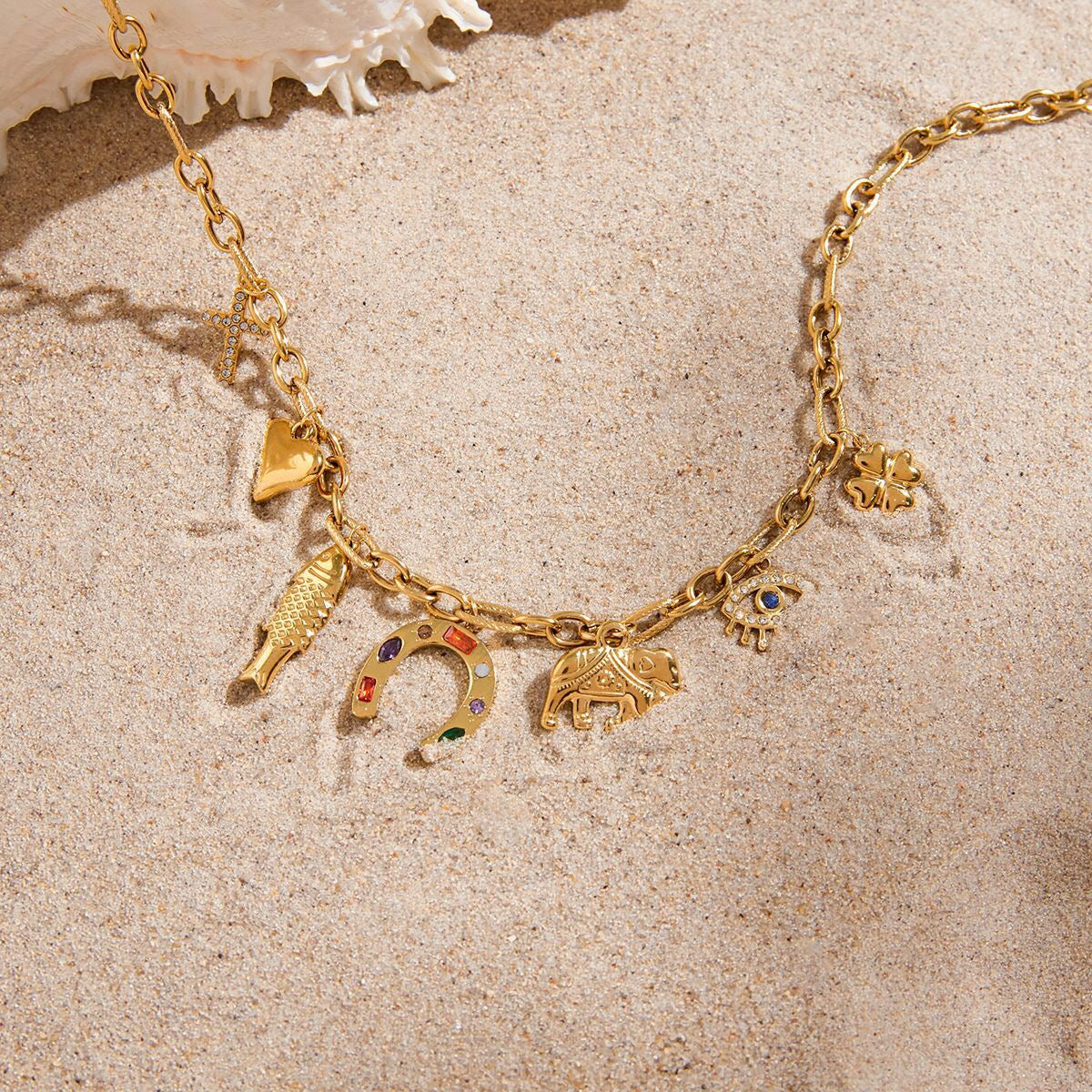 18K Gold Wicked Luck Horseshoe Clover Charm Necklace