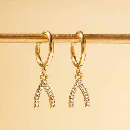 18K Gold Bling Wishing Bone Small Hoop Huggie Earrings with Charm