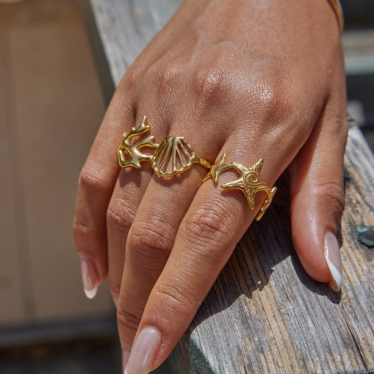 18K Gold Coastal Life Seashel Coral Starfish Ring Sets