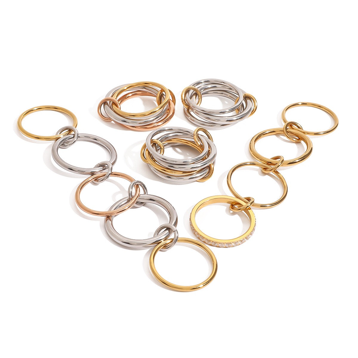 18K Gold and Silver Two Tone Connected Multi Layers Spinelli Trinity Stacking Rings