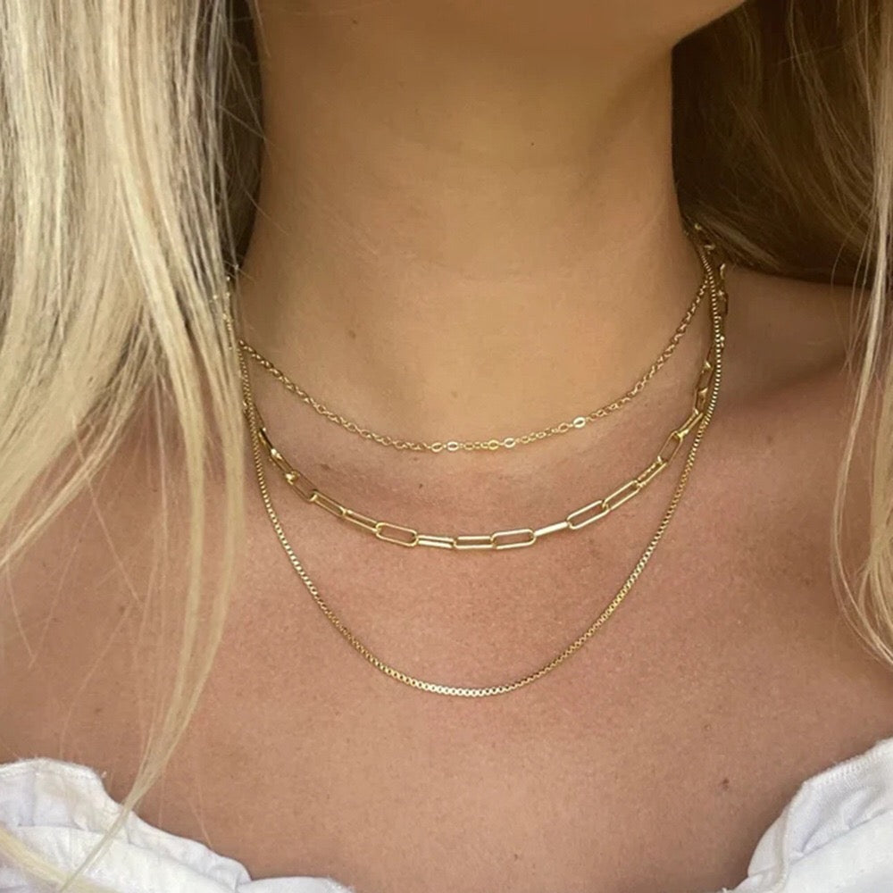 18K Gold Paperclip Box Chain Layered Necklace