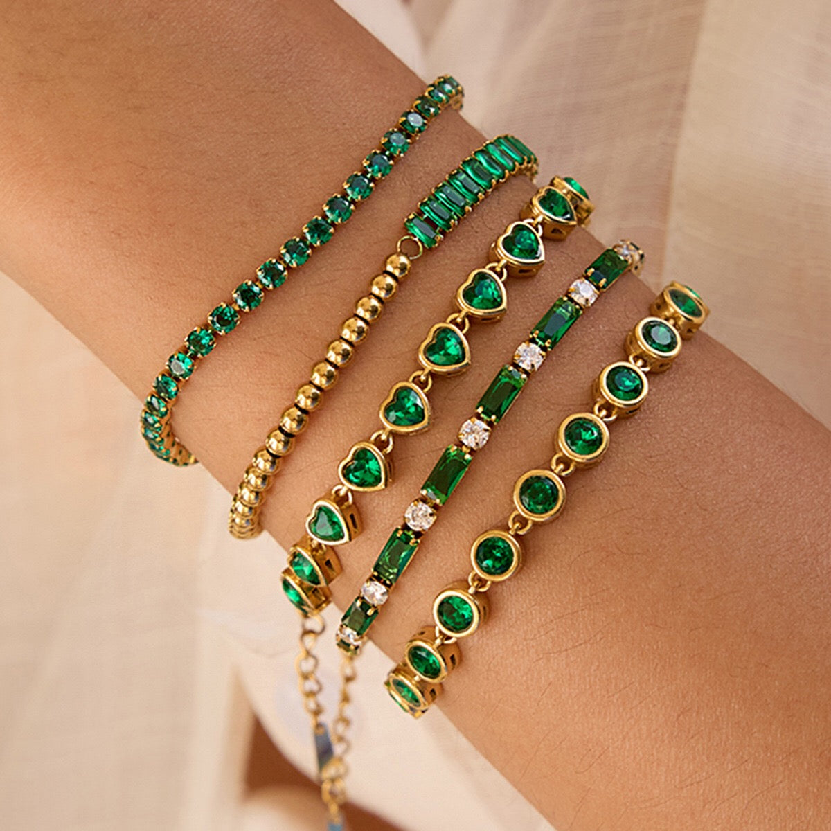 18K Gold Green Royale Emerald Tennis Chain Bracelet Stack