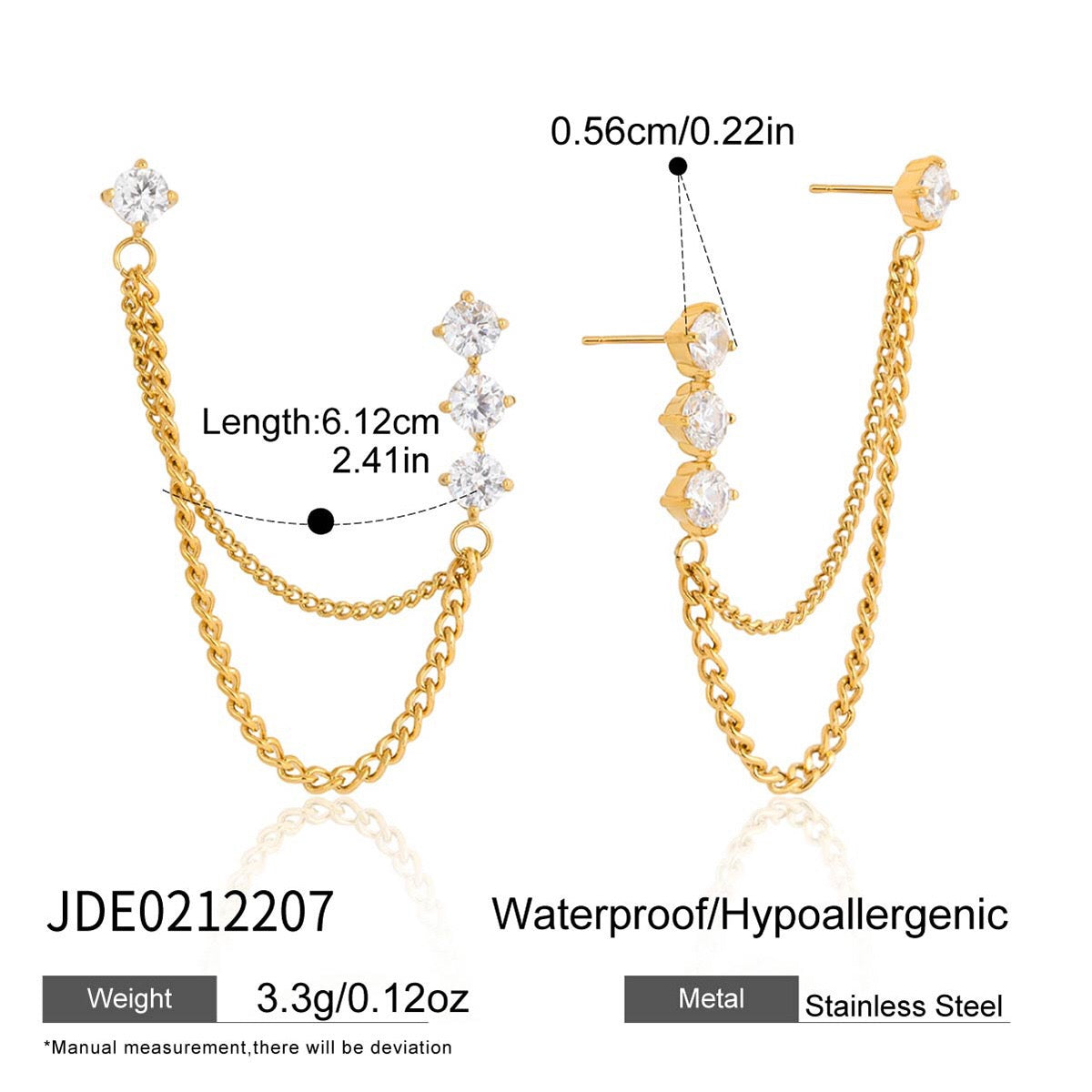 18K Gold Cascade Chain Drop Dangle CZ Stud Earrings Double Piercings