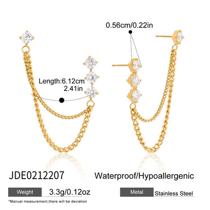 18K Gold Cascade Chain Drop Dangle CZ Stud Earrings Double Piercings