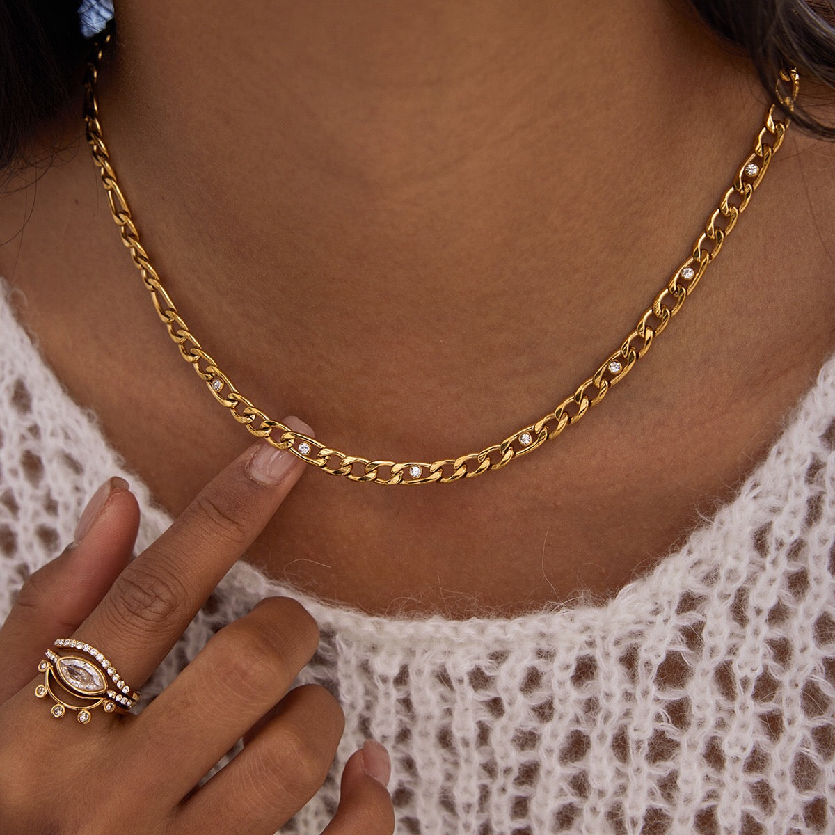 18K Gold Cosmic Glow Paperclip Curb Chain Layered Necklace Set